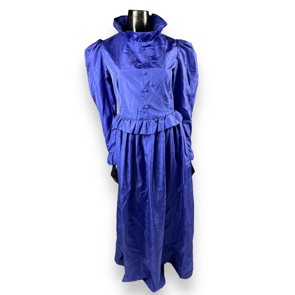 Vtg Royal Blue Purple Victorian Puff Sleeve Dress Buttons Ruffle 32x26x56” Cos
